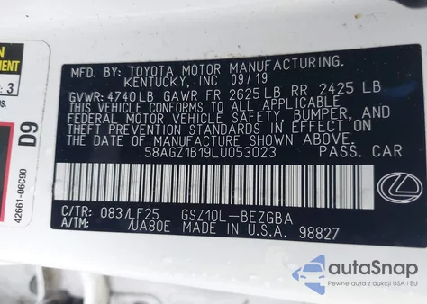 2020 Lexus Es 350 F Sport z USA, uszkodzony, nr VIN 58AGZ1B19LU053023